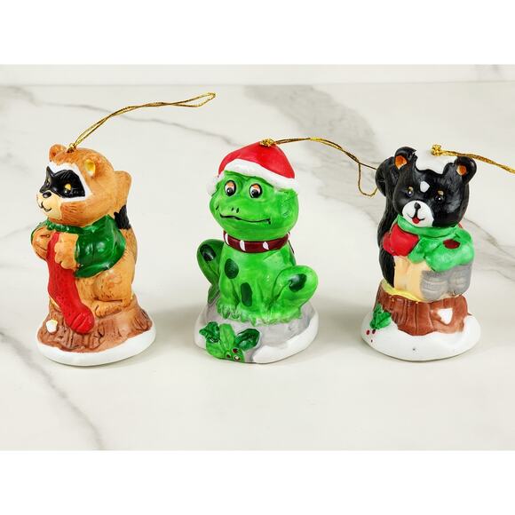 Christmas Bell Ornament Frog Racoon Skunk 3 1/4" Ceramic 1987 Taiwan x3 Holidays - Picture 5 of 15